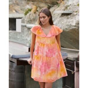 SOI PARIS Tie Dye Silk Babydoll Mini Dress Pink Orange 40 6 8